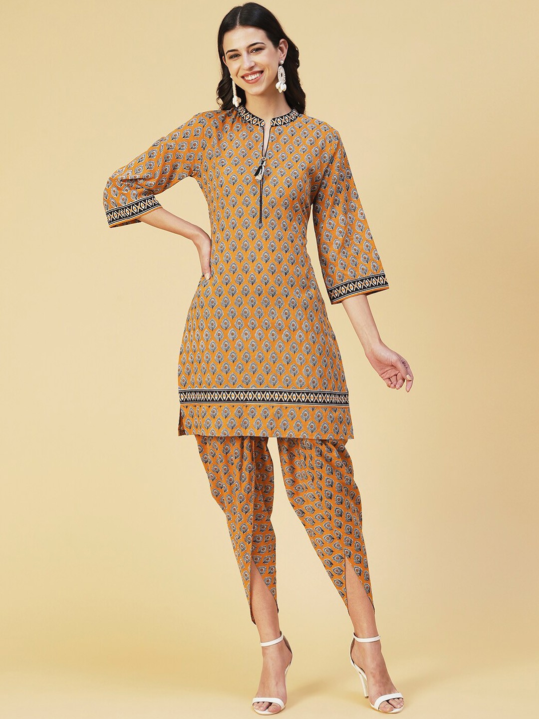 

FASHOR Women Ethnic Motifs Printed Pure Cotton Kurta with Dhoti Pants, Mustard