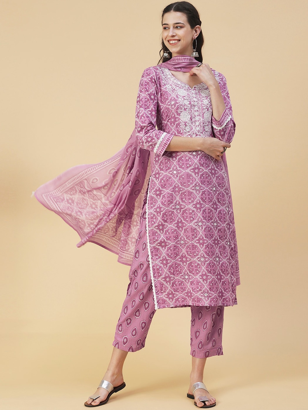 

FASHOR Women Ethnic Motifs Printed Pure Cotton Kurta with Trousers & With Dupatta, Purple