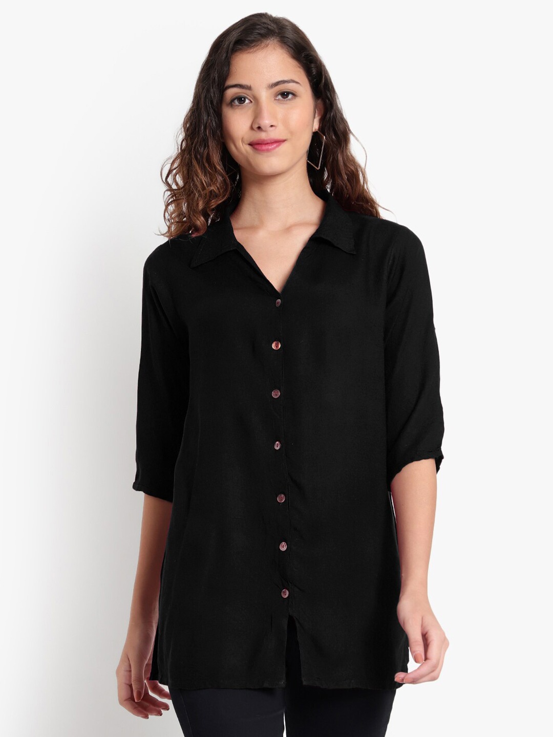 

Indietoga Women's Black Regular Fit Solid Rayon Longline Casual Shirt