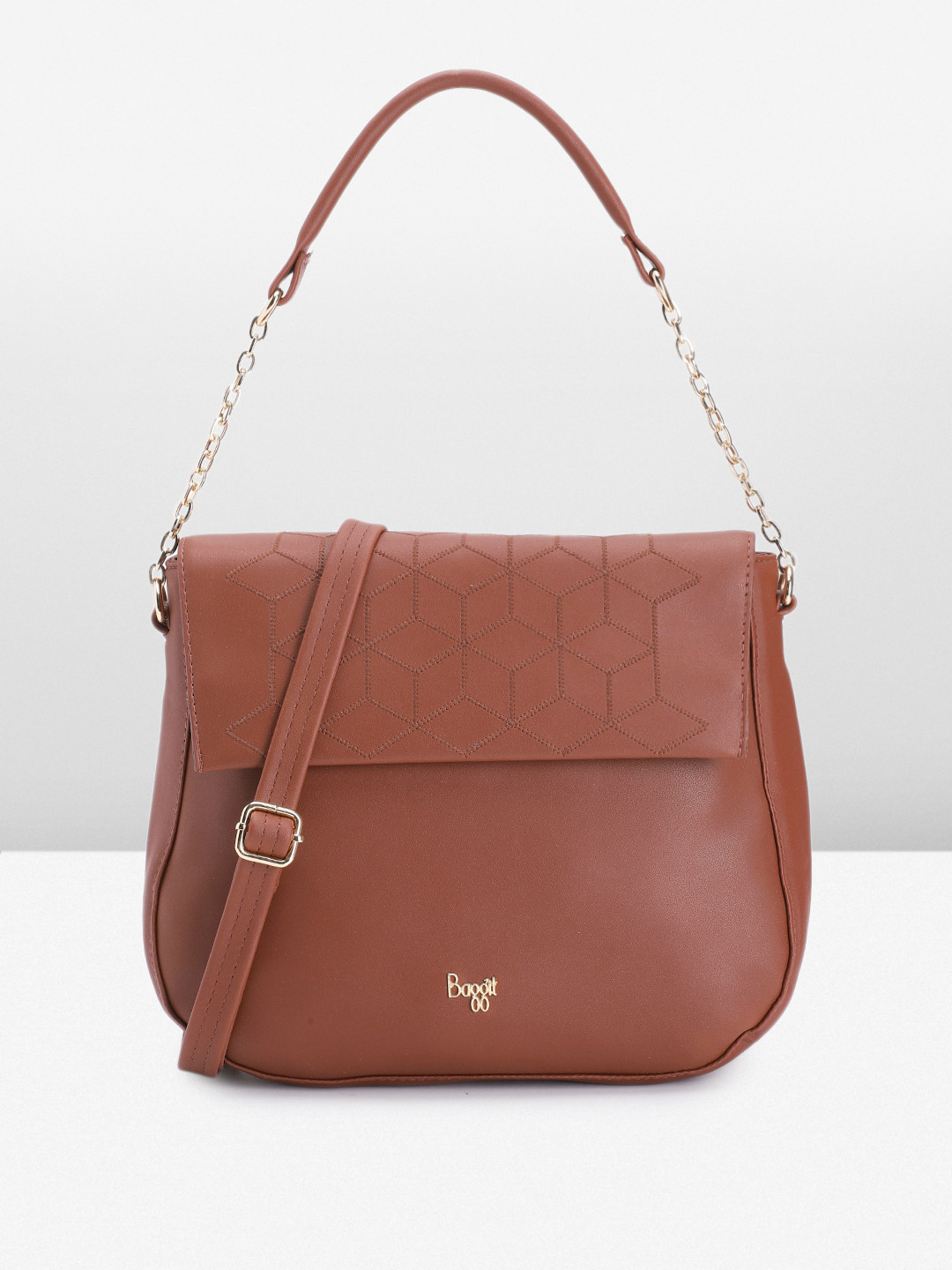 

Baggit Structured Satchel with Geometric Embroidered Detail, Tan