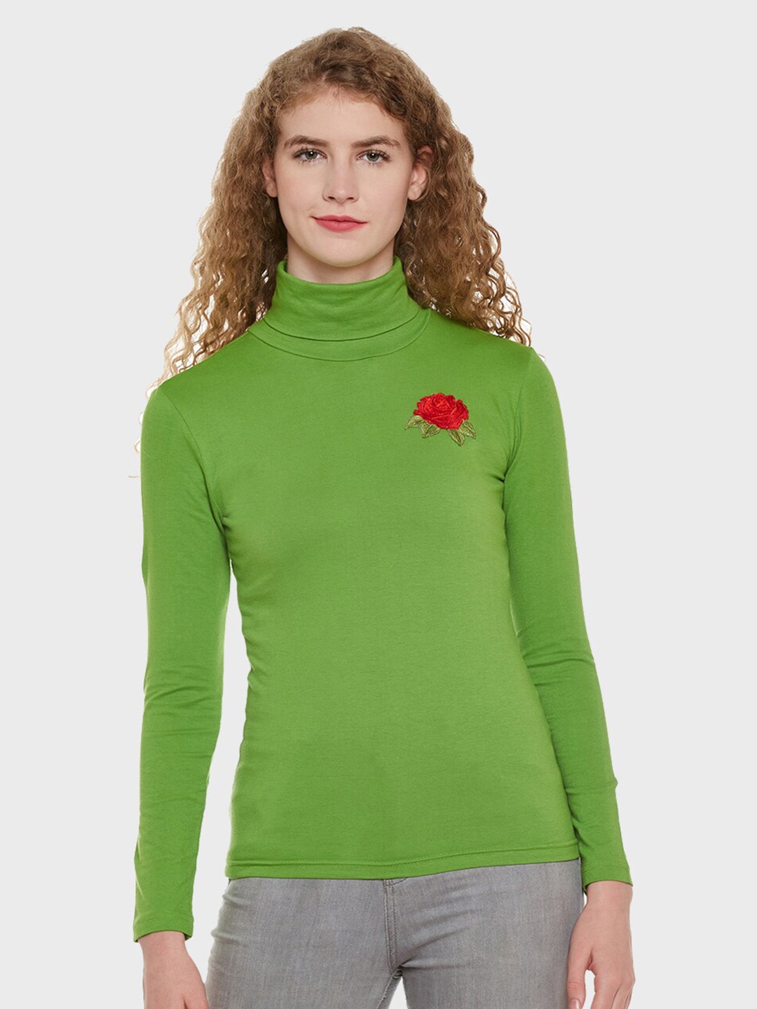 

Hypernation Women Turtle Neck Cotton T-shirt, Green