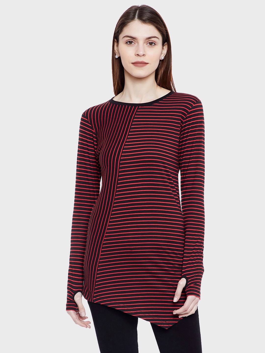 

Hypernation Women Striped Pure Cotton T-shirt, Red