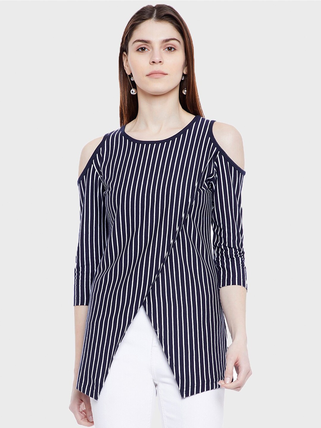 

Hypernation Cold-shoulder sleeves Striped Pure Cotton Top, Navy blue