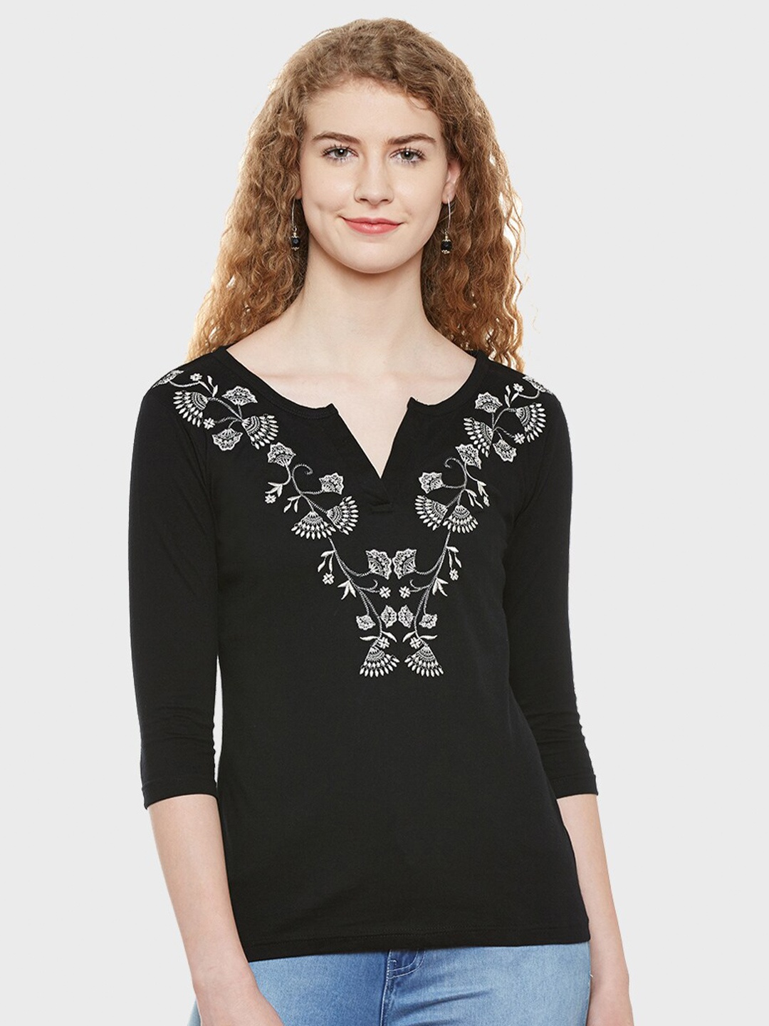 

Hypernation Ethnic motifs Notch Neck Pure Cotton Top, Blue