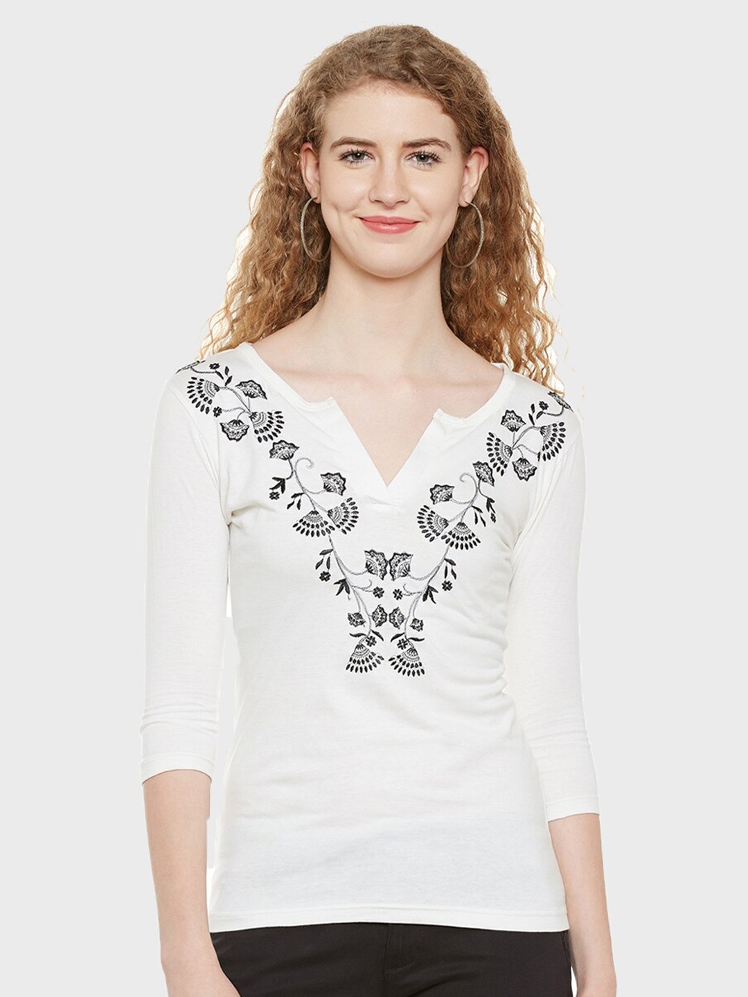 

Hypernation Floral Print Notch Neck Cotton Top, White