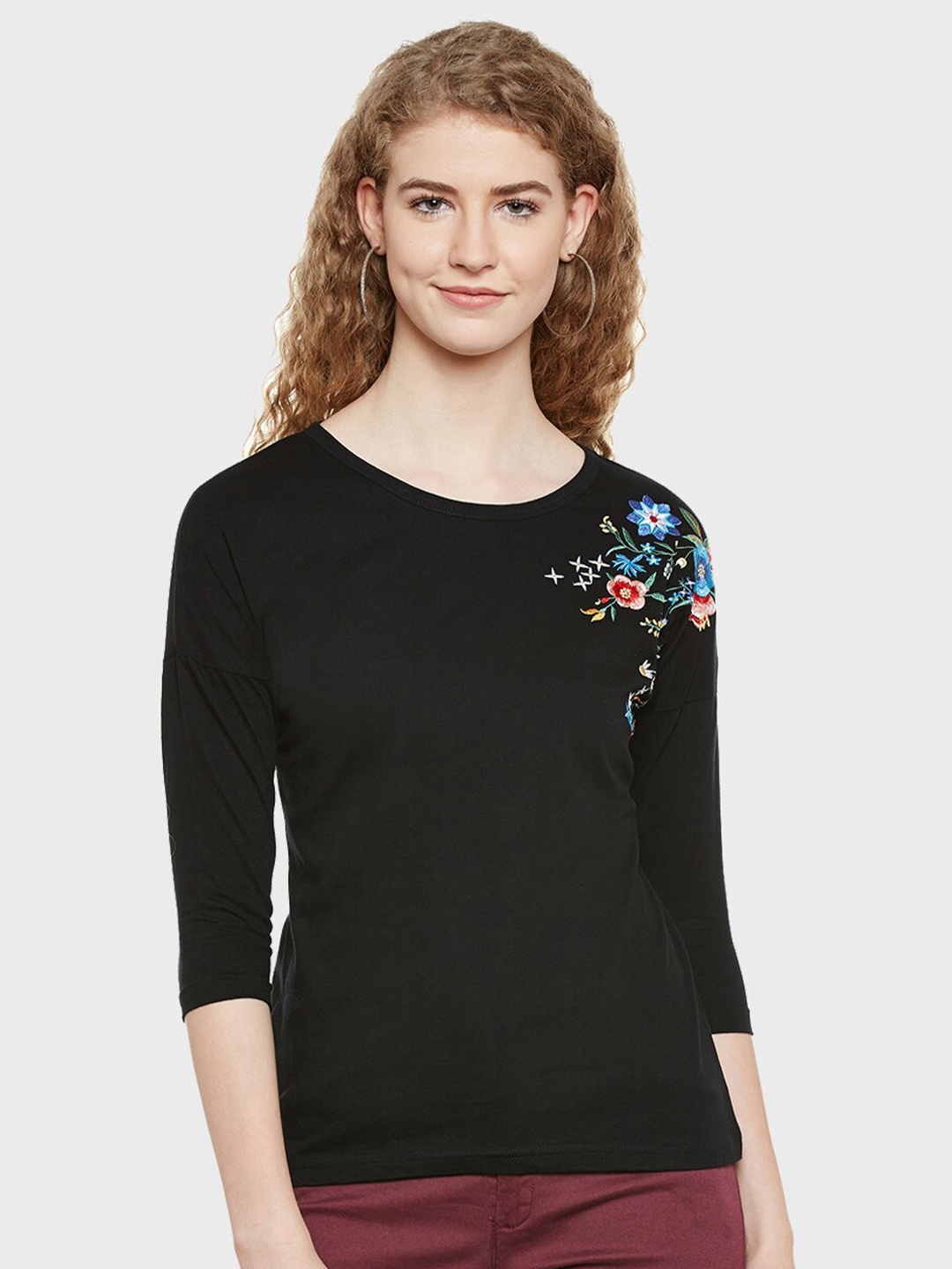 

Hypernation Floral Embroidered Round Neck Cotton Top, Black