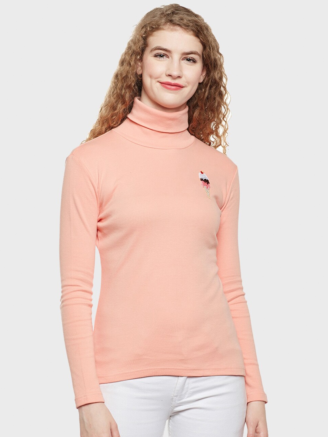 

Hypernation Floral Embroidered High Neck CottonTop, Peach