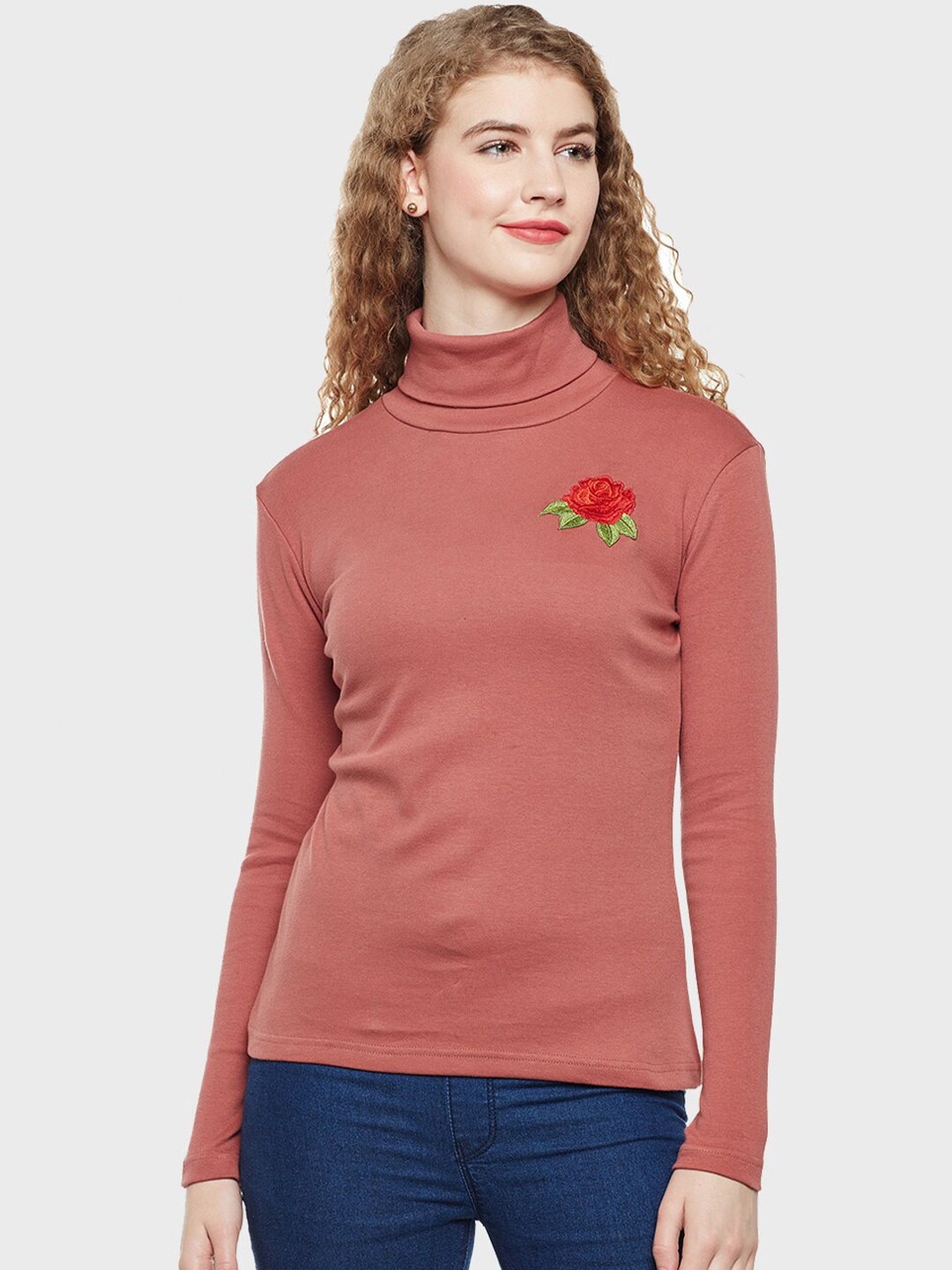 

Hypernation Floral Embroidered High Neck Cotton Top, Rust