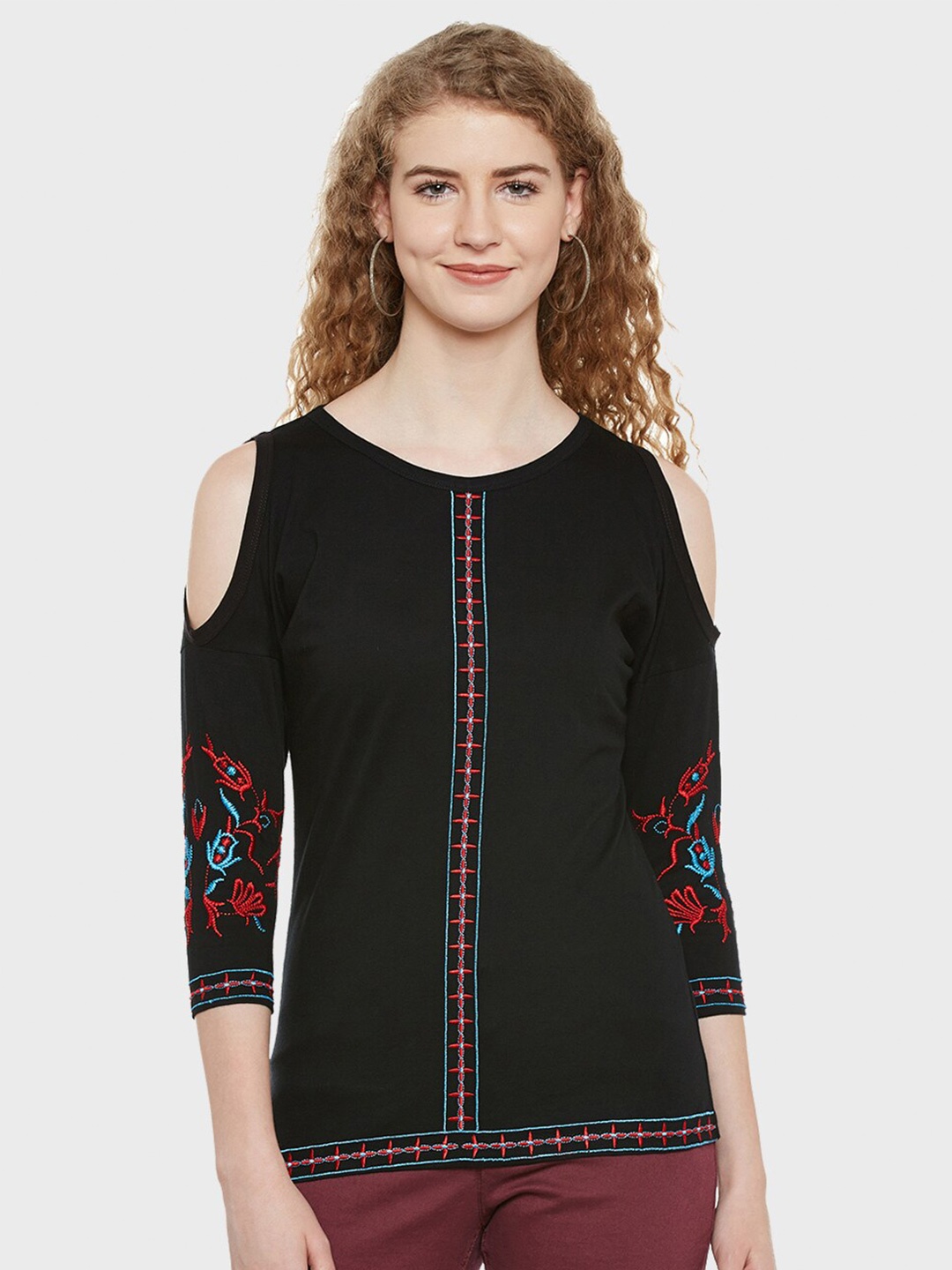

Hypernation Floral Embroidered Pure Cotton Top, Black
