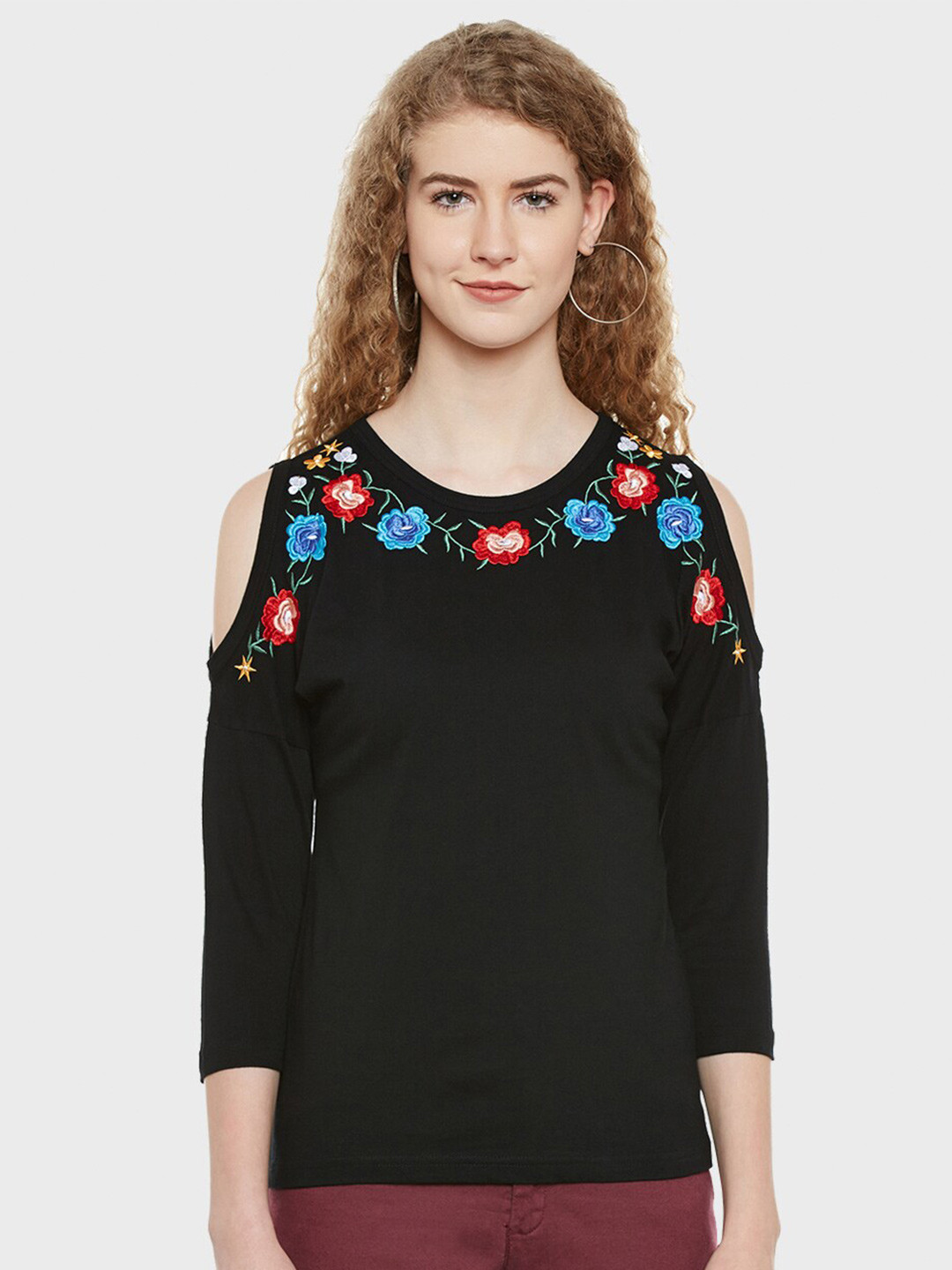 

Hypernation Floral Embroidered Pure Cotton Top, Black