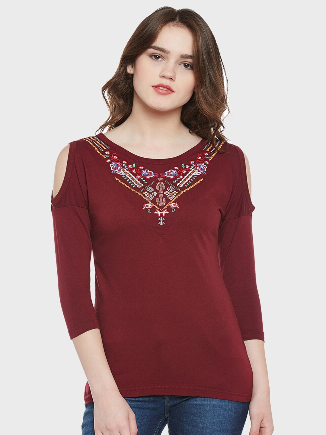 

Hypernation Ethnic Motifs Embroidered Pure Cotton Top, Maroon