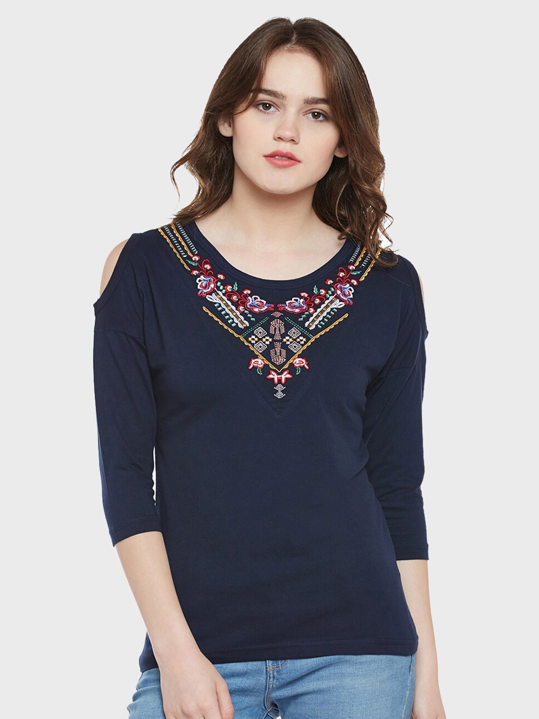

Hypernation Ethnic Motifs Embroidered Pure Cotton Top, Navy blue
