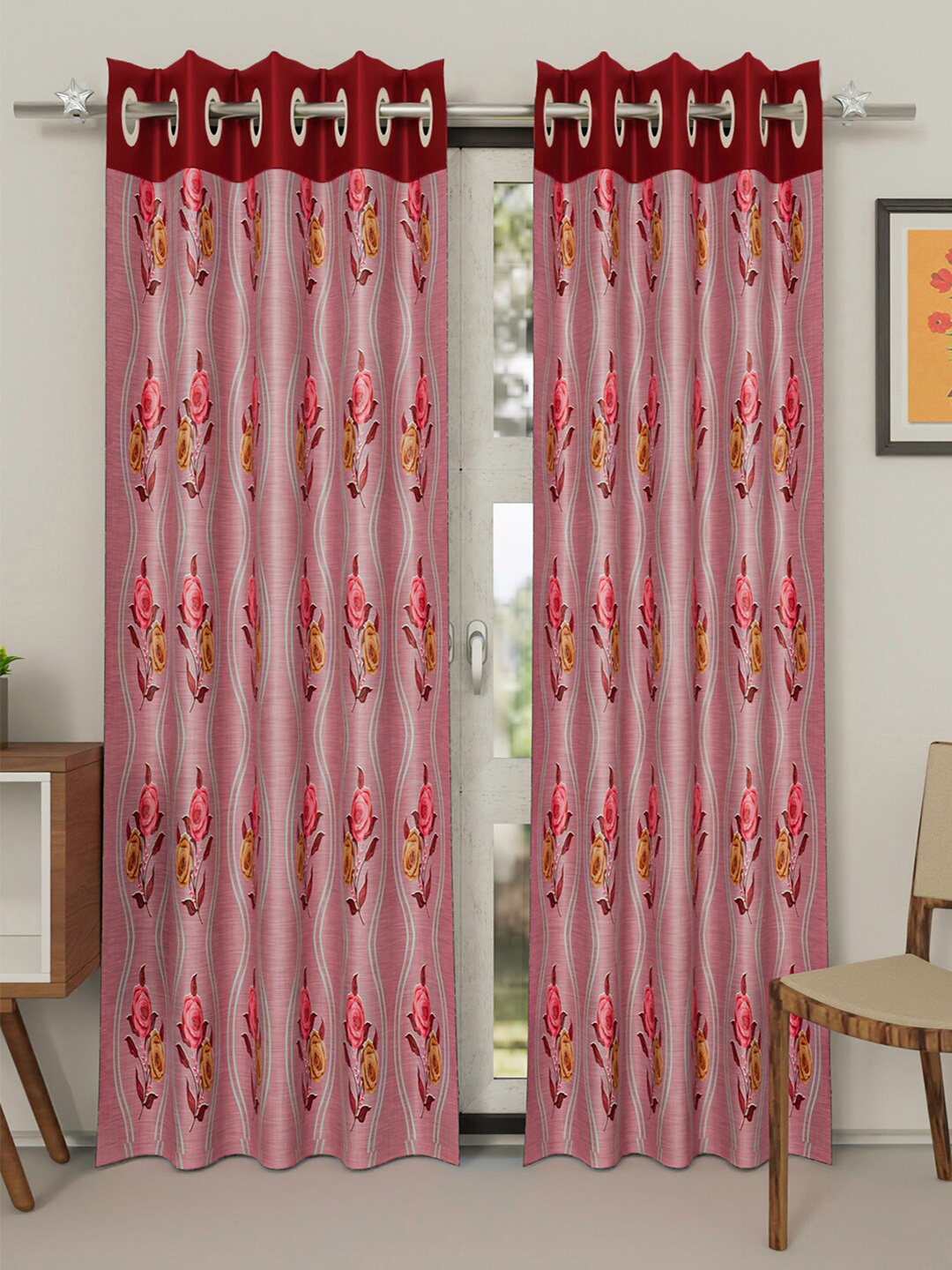 

Kuber Industries Pink & Yellow Set of 2 Floral Long Door Curtain
