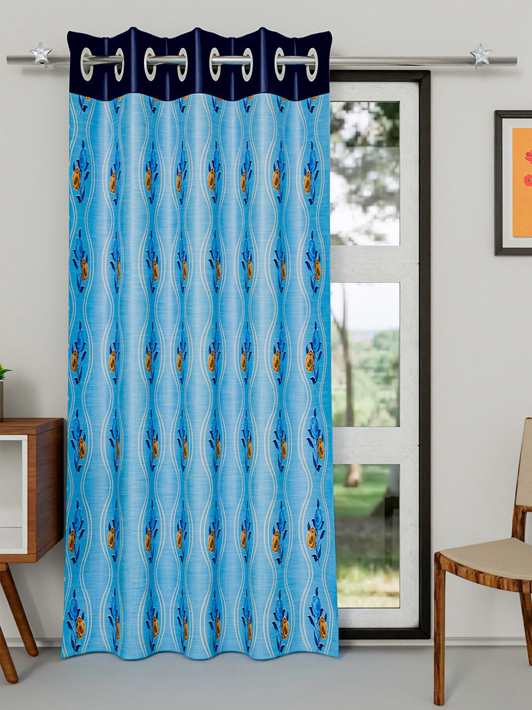 

Kuber Industries Blue & White Floral Door Curtain