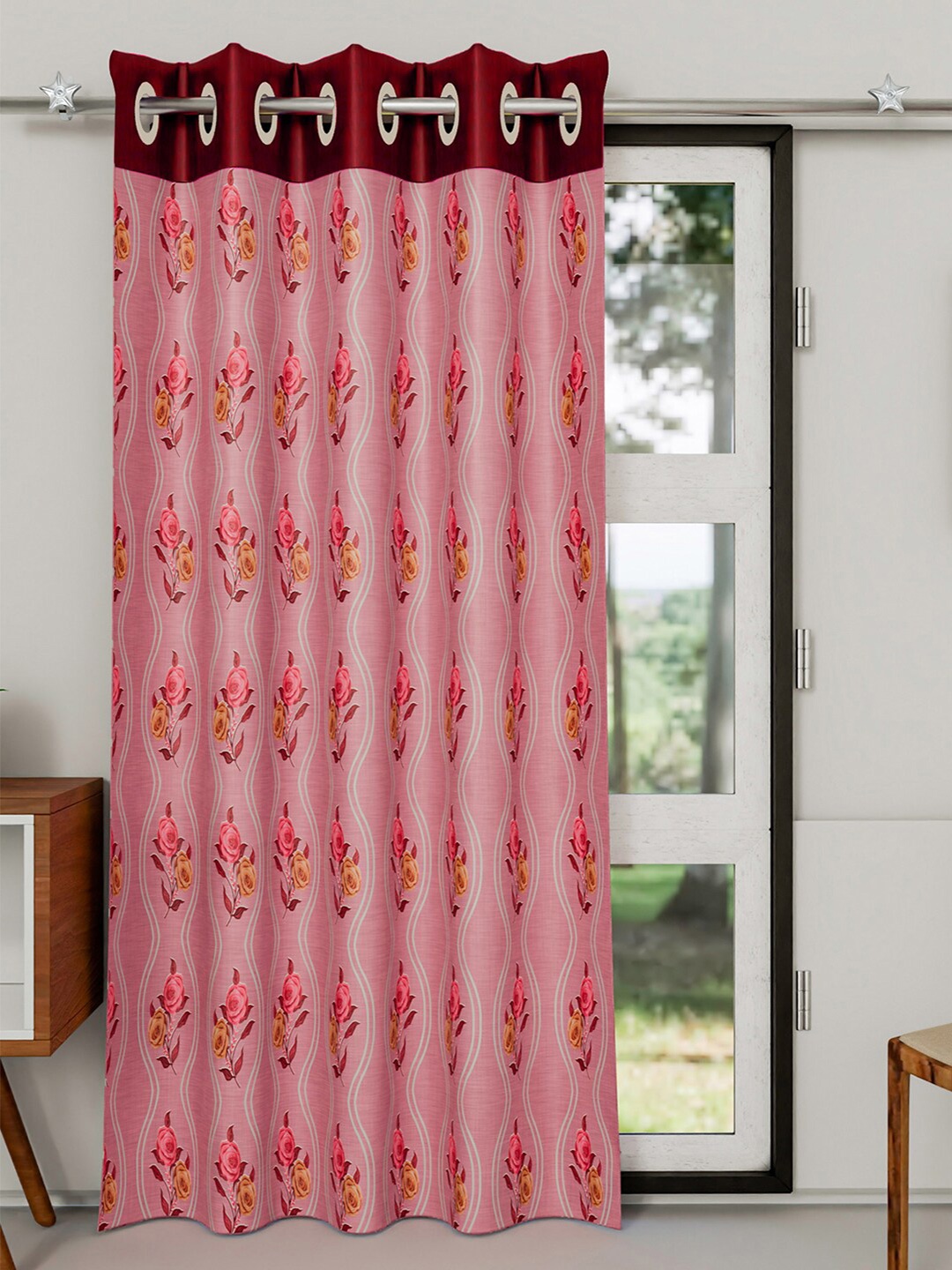 

Kuber Industries Pink & Red Floral Long Door Curtain