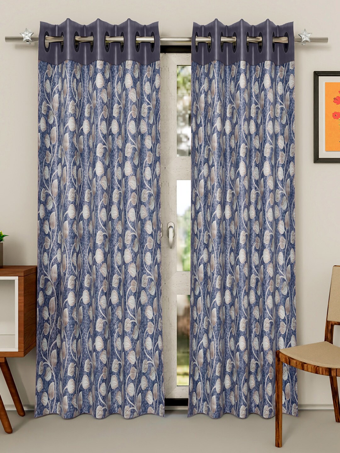 

Kuber Industries Blue & White Set of 2 Floral Door Curtain