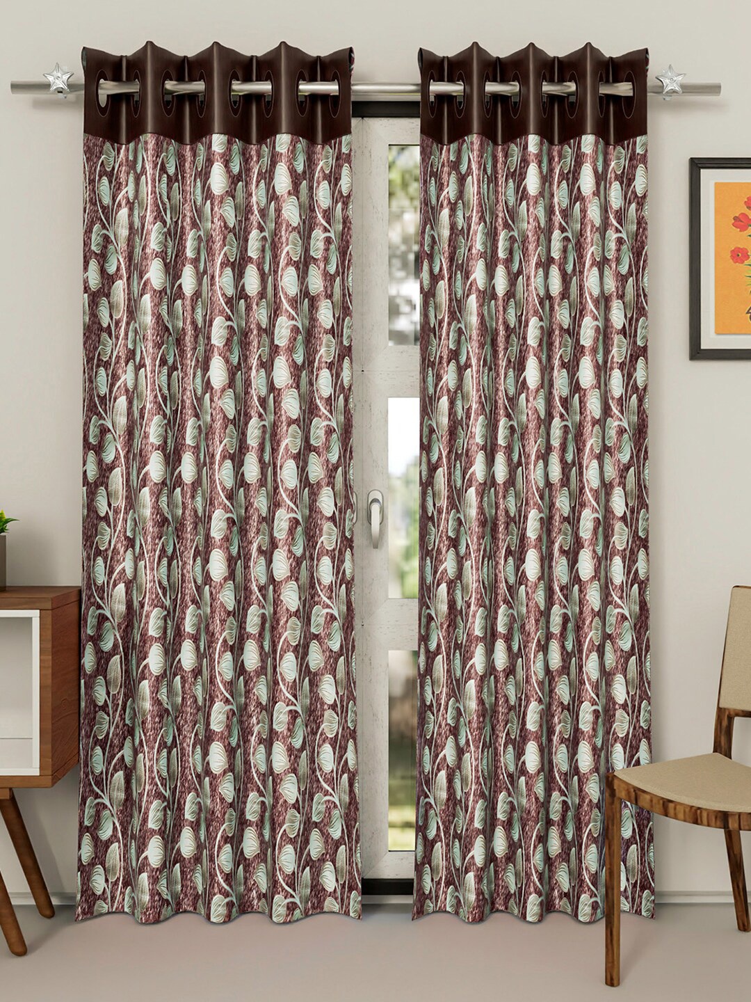 

Kuber Industries Set Of 2 Brown & White Floral Printed Door Curtain