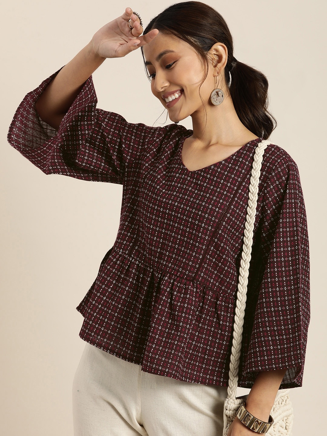 

Taavi Woven Legacy Flared Sleeves Textured Pure Cotton Peplum Top, Maroon