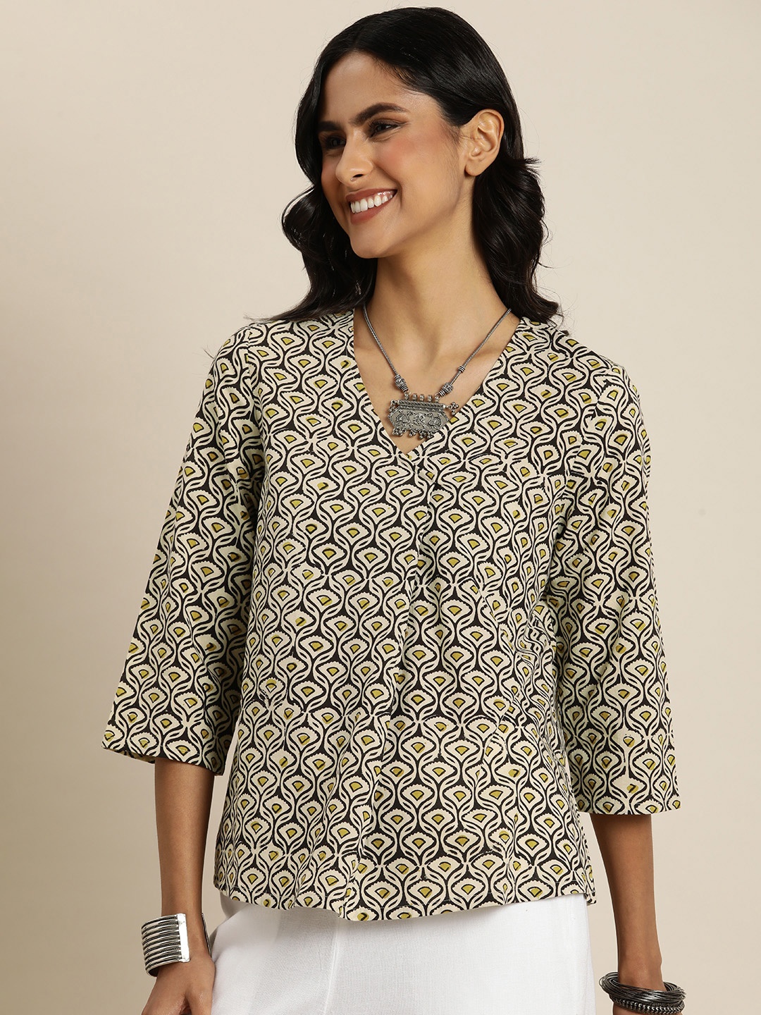 

Taavi Bagru Printed Pure Cotton Top, Beige