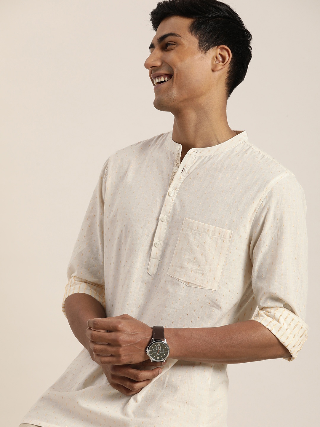 

Taavi Woven Design Thread Work Band Collar Cora Kurta, Off white