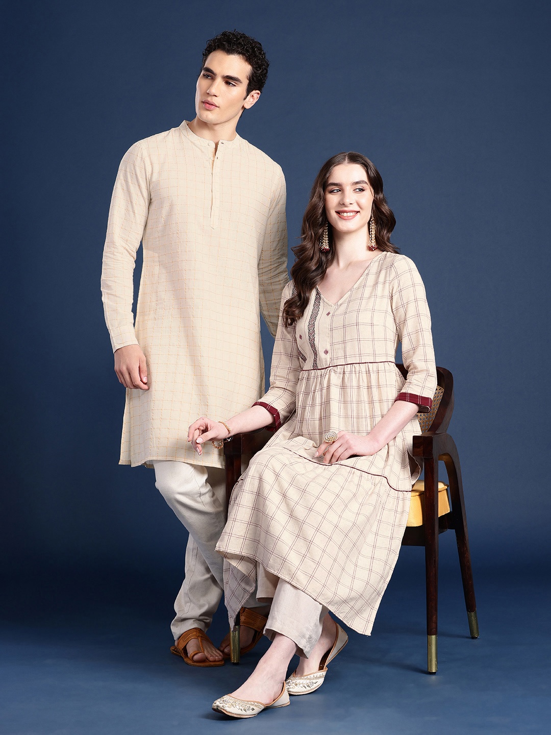 

Taavi Cora Band Collar Full Sleeves Checked Kurta, Off white