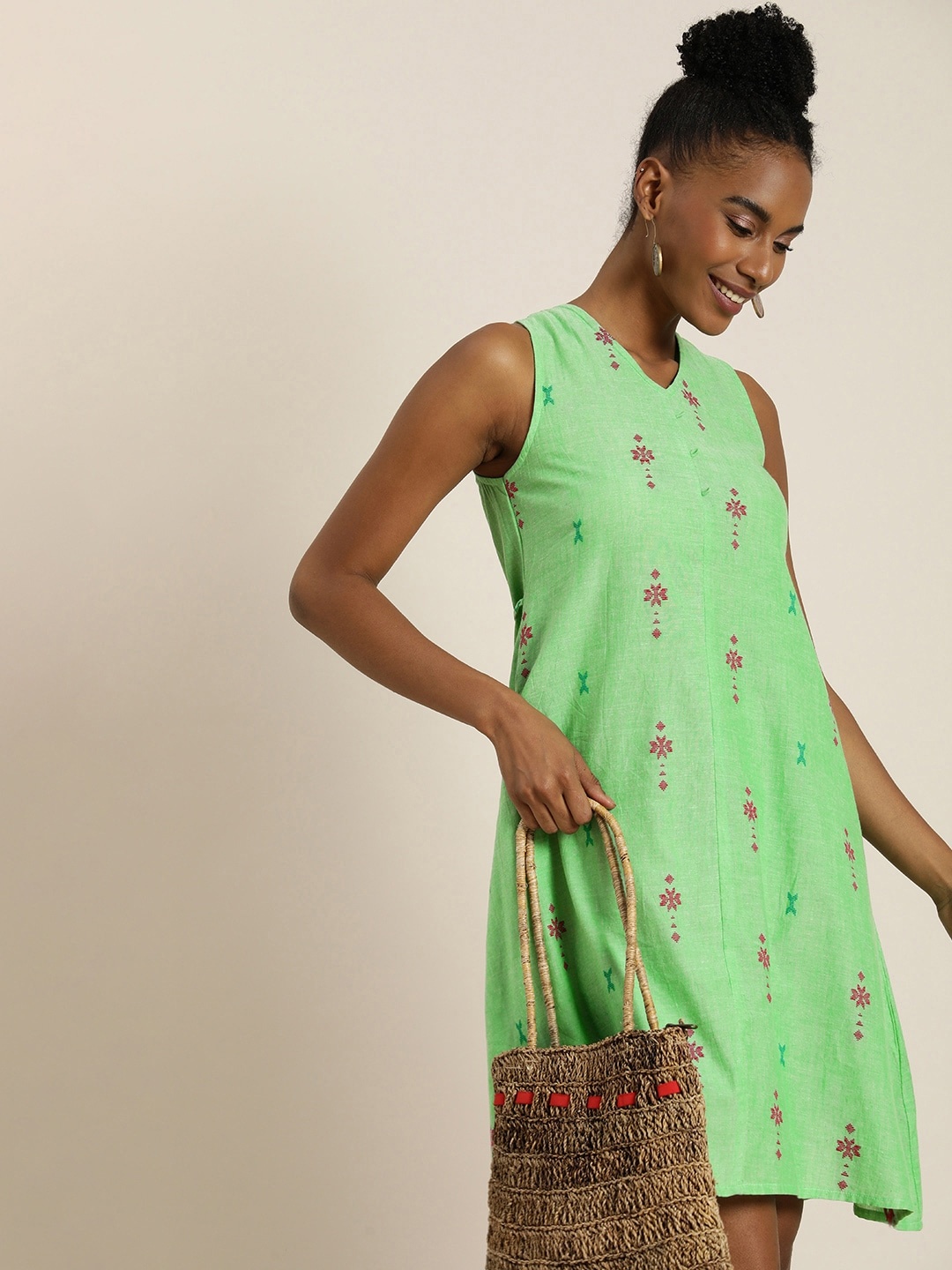 

Taavi Woven Legacy Ethnic Motifs Woven Design Pure Cotton A-Line Dress, Green