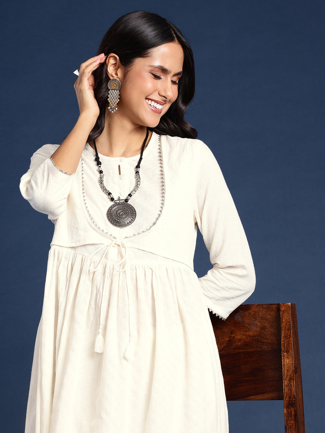 

Taavi Keyhole Neck Pure Cotton A-Line Cora Kurta, Off white