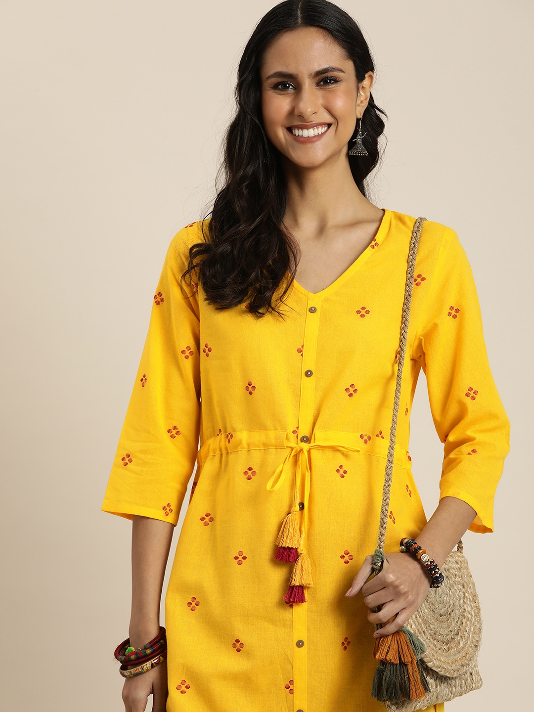 

Taavi Pure Cotton Woven Design V-Neck Woven legacy Kurta, Yellow