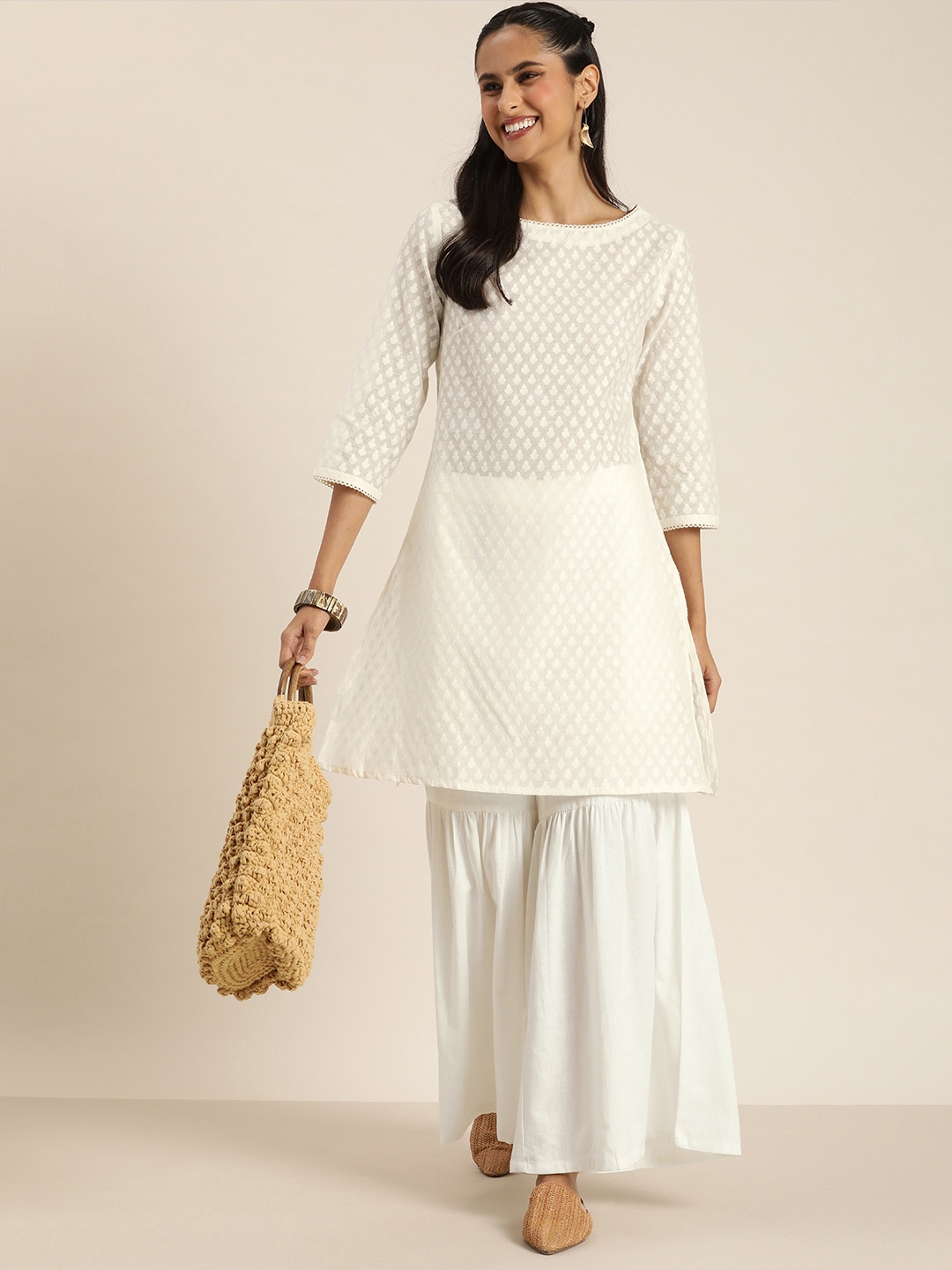 

Taavi Woven Design A-Line Cora Kurti with Sharara, Off white