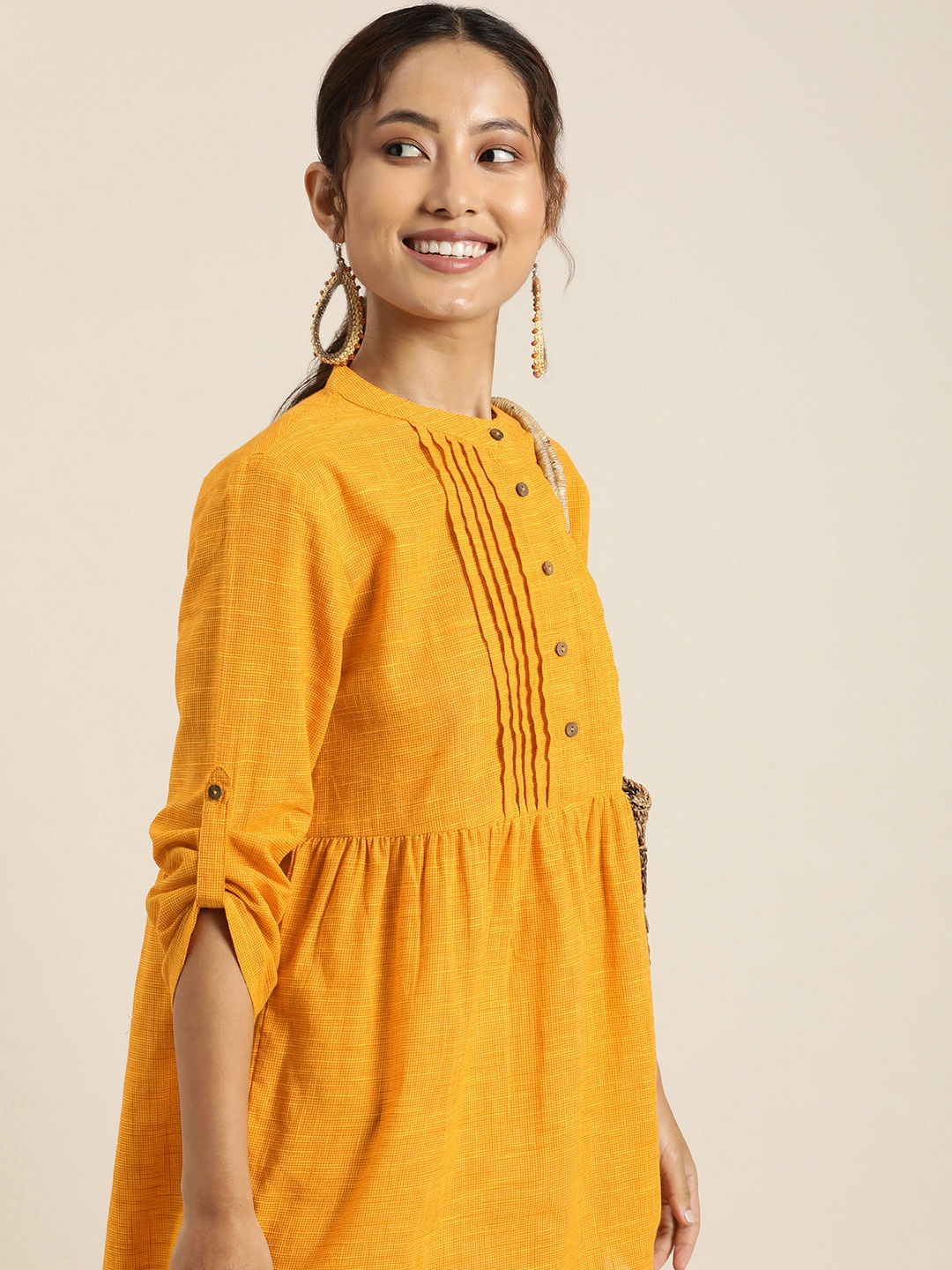 

Taavi Woven Legacy Self-Design Roll-Up Sleeves Pure Cotton Top, Mustard