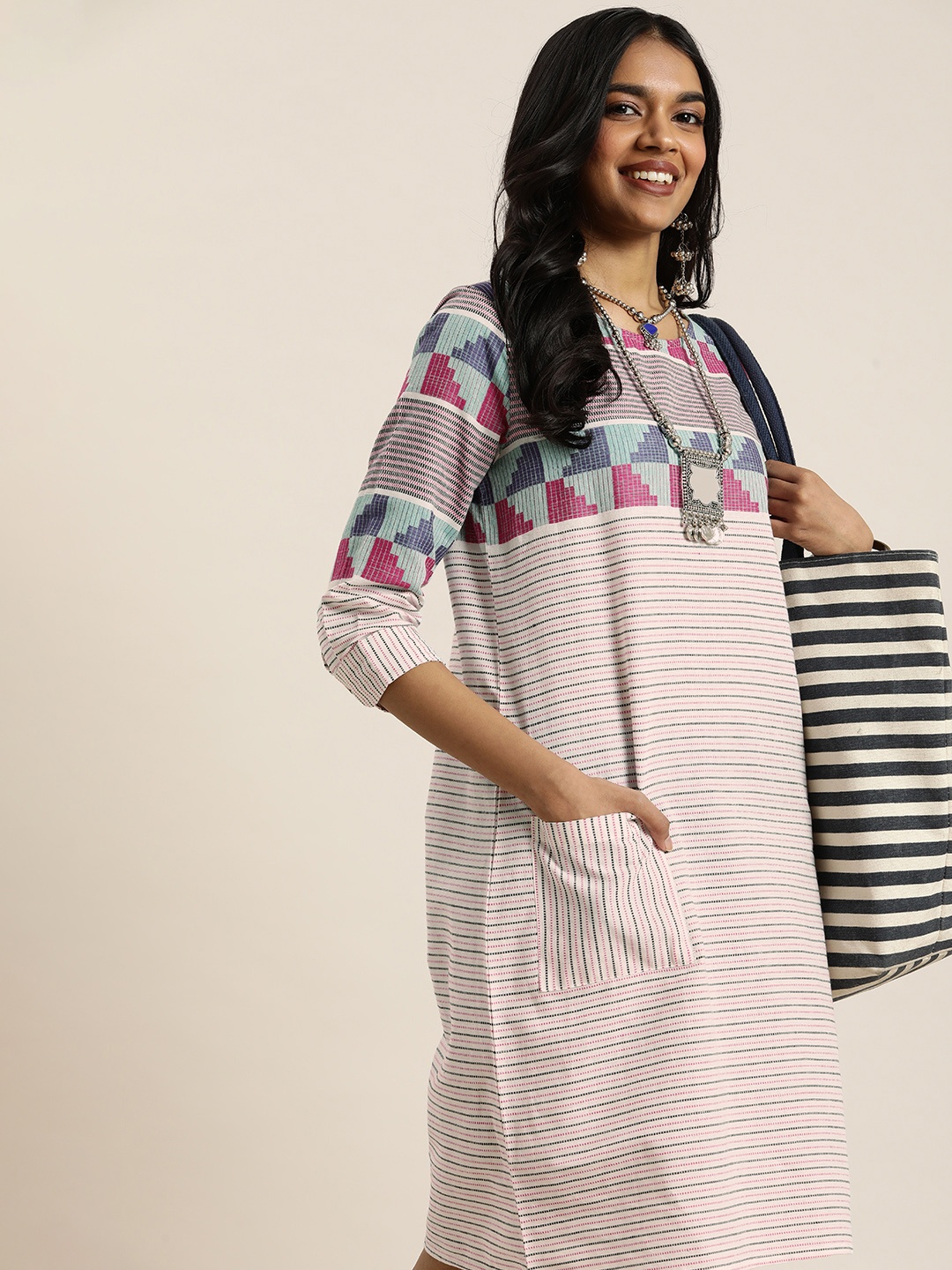 

Taavi Woven Legacy Pure Cotton Striped A-Line Dress, White