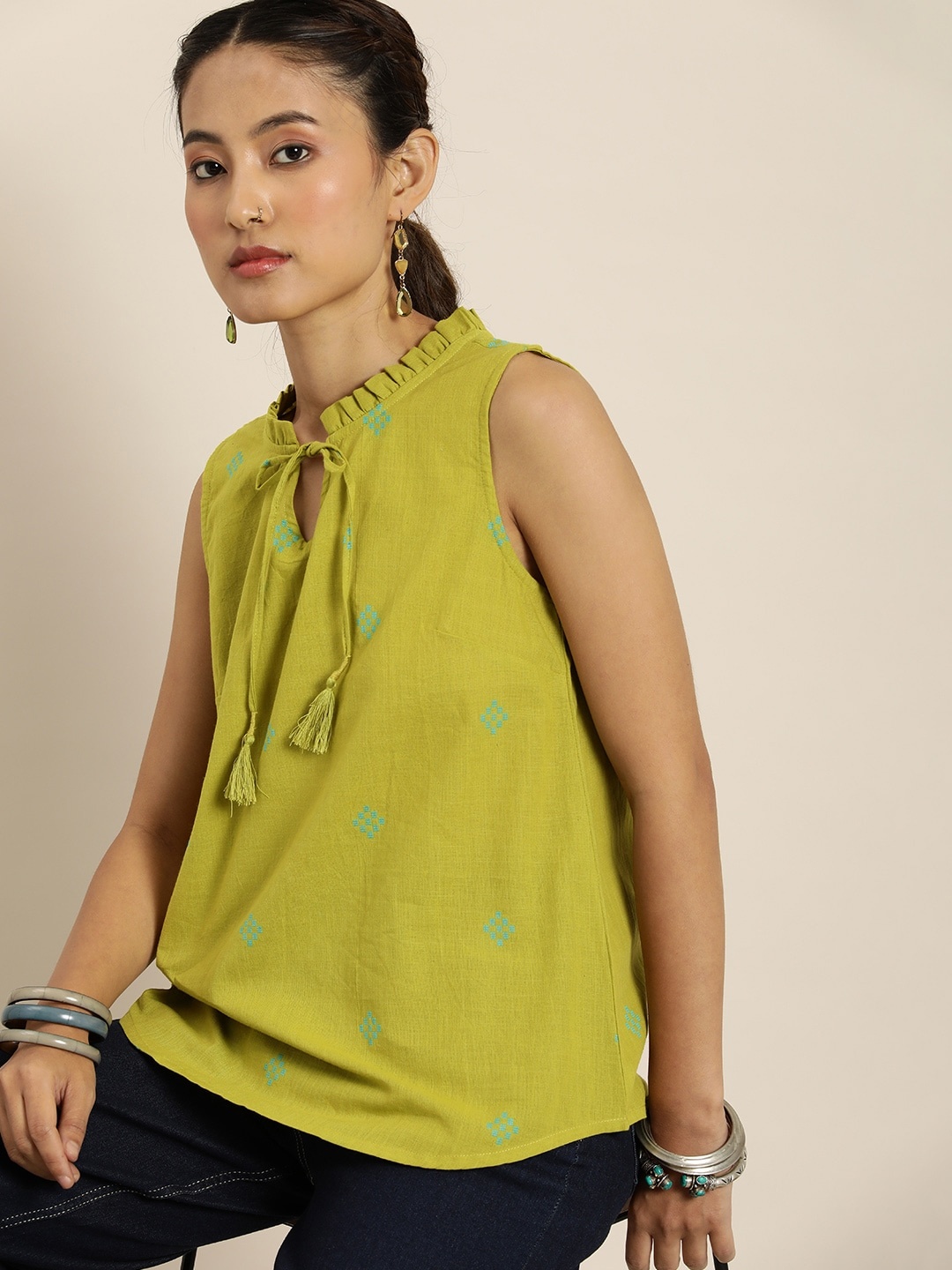 

Taavi Woven Legacy Geometric Woven Design Tie-Up Neck Pure Cotton A-Line Top, Green