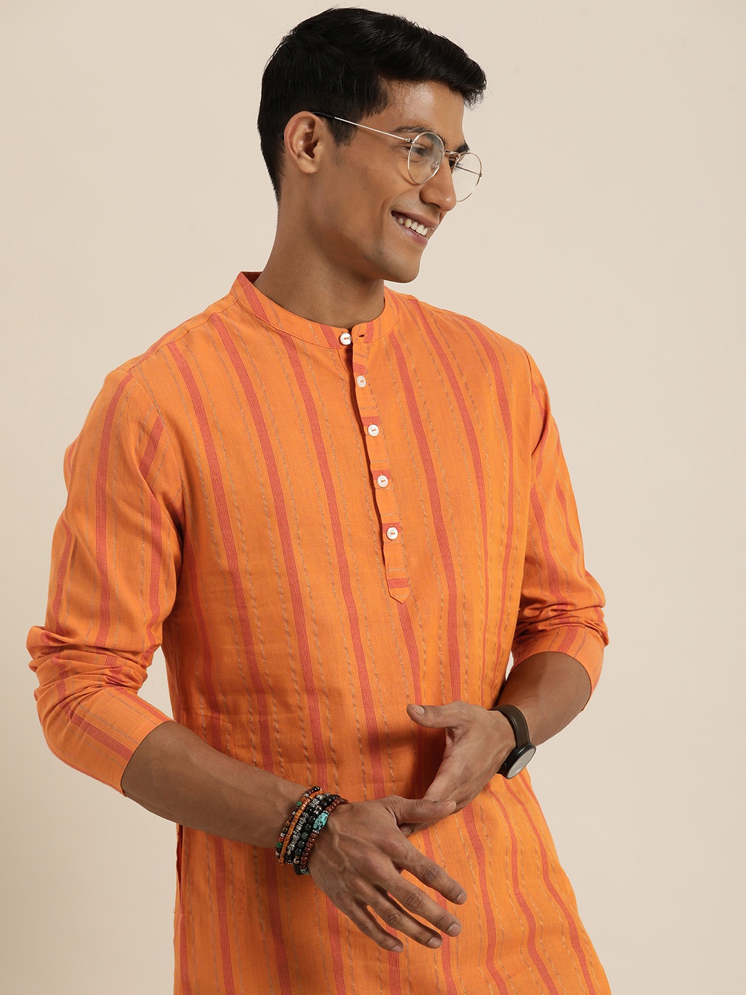 

Taavi Band Collar Striped Woven Legacy Kurta, Orange