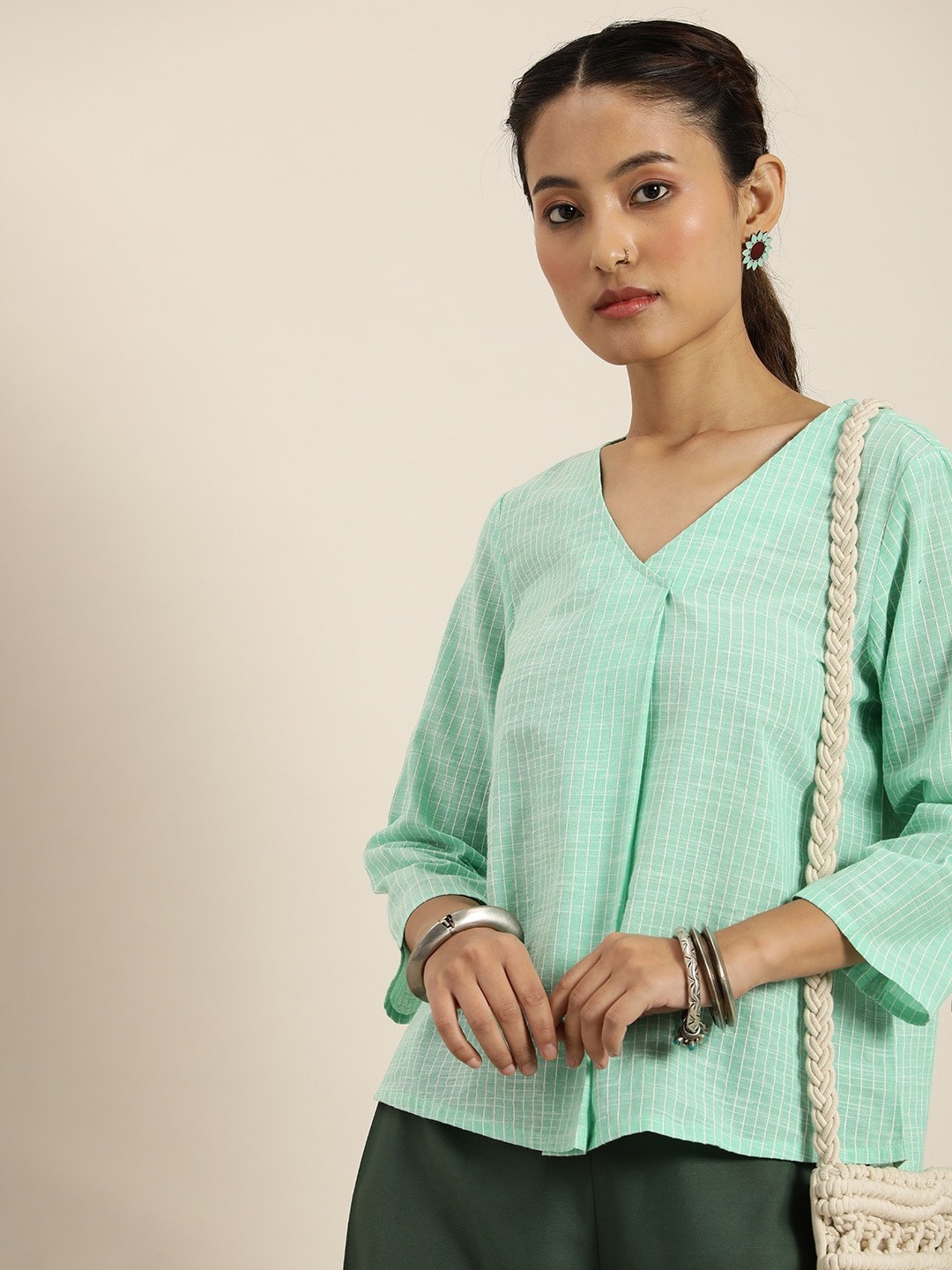 

Taavi Festive Striped V-Neck Pleated Pure Cotton Top, Sea green