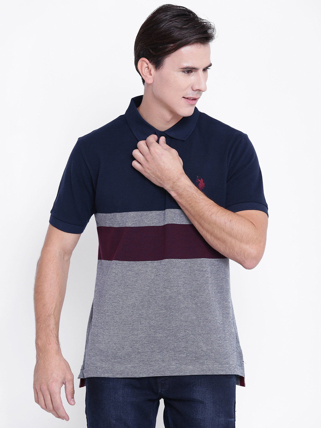 

U.S. Polo Assn. Men Navy Striped Polo Collar Pure Cotton T-shirt, Navy blue
