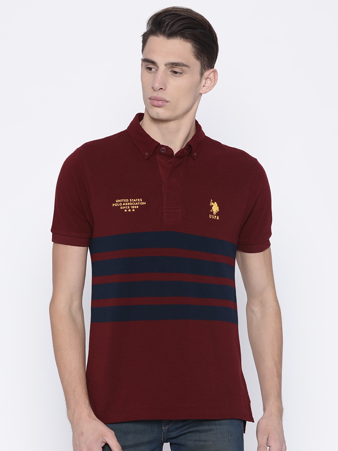 

U.S. Polo Assn. Men Maroon Striped Polo Collar T-shirt