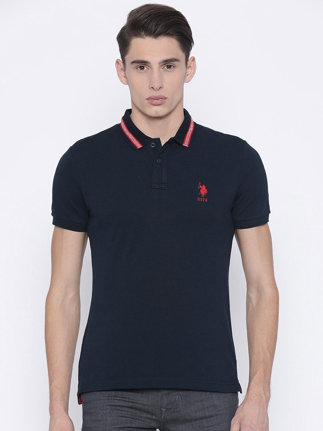 

U.S. Polo Assn. Men Navy Blue Solid Polo Collar T-shirt