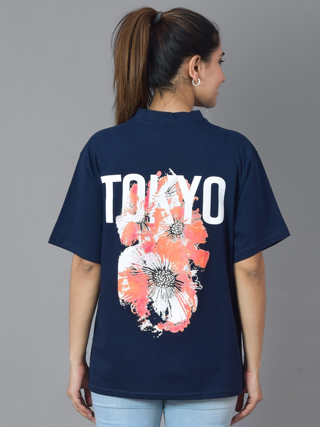 

SHOOLIN Women Typography Printed Applique Oversize Cotton T-shirt, Blue