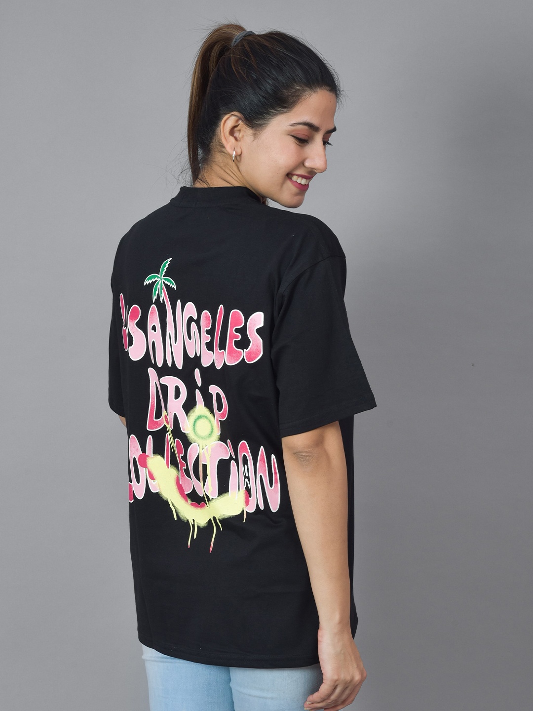 

SHOOLIN Women Typography Printed Loose Cotton T-shirt, Black