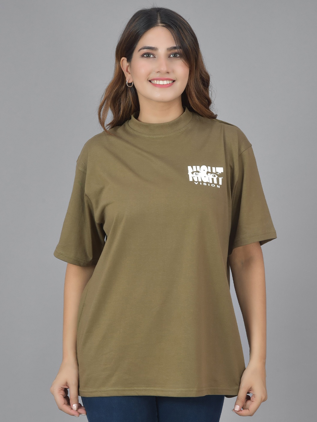 

SHOOLIN Women Typography Printed Oversize Cotton T-shirt, Olive