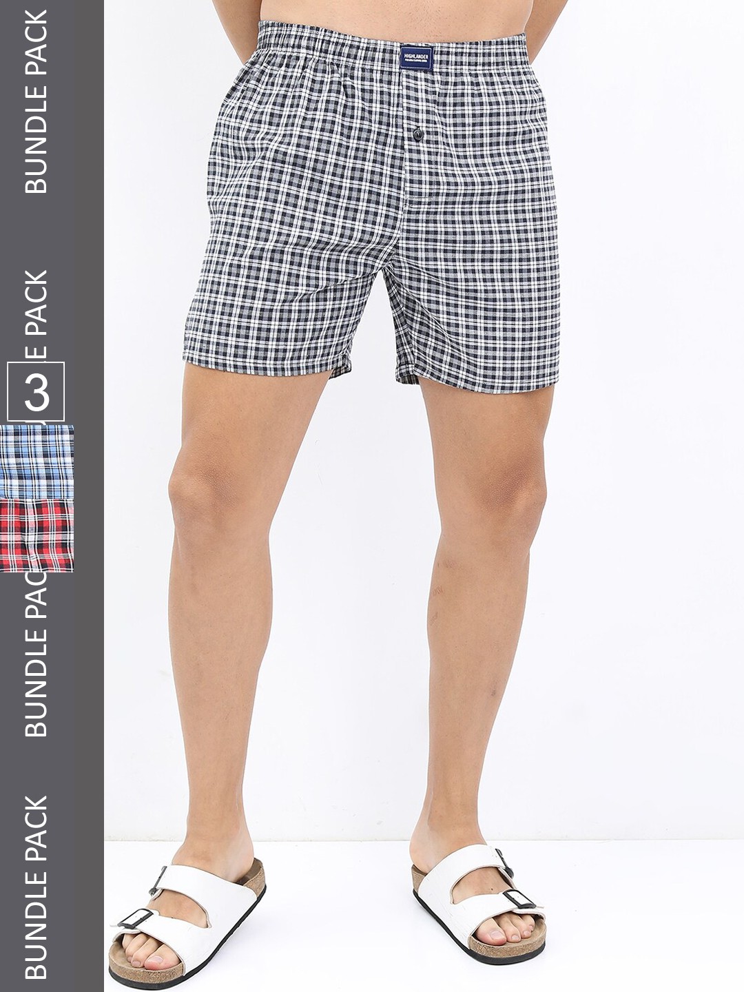 

HIGHLANDER Men Pack Of 3 Checked Boxers, Navy blue