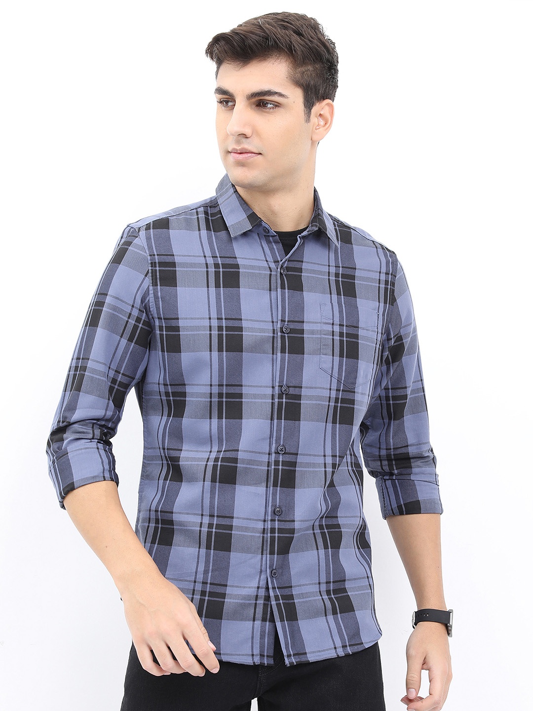

HIGHLANDER Men Checked Slim Fit Casual Shirt, Blue
