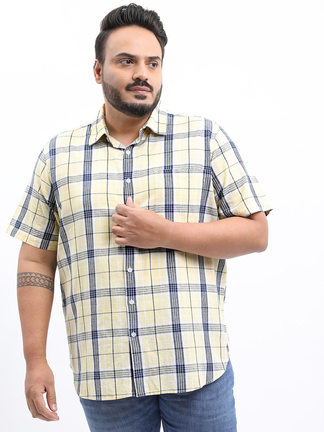 

HIGHLANDER Men Plus Size Checked Slim Fit Casual Shirt, Yellow