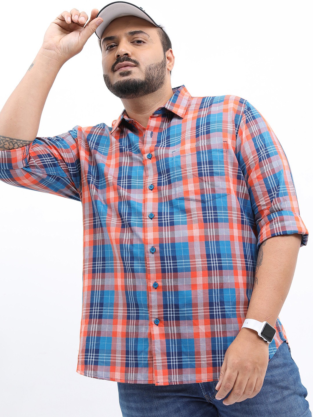 

HIGHLANDER Men Plus size Blue Regular Fit Tartan Checks Checked Casual Shirt