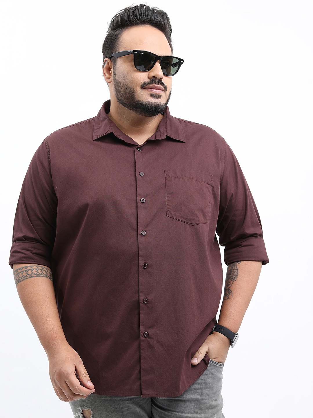 

HIGHLANDER Men Plus Size Casual Spread Collar Slim Fit Cotton Shirt, Brown