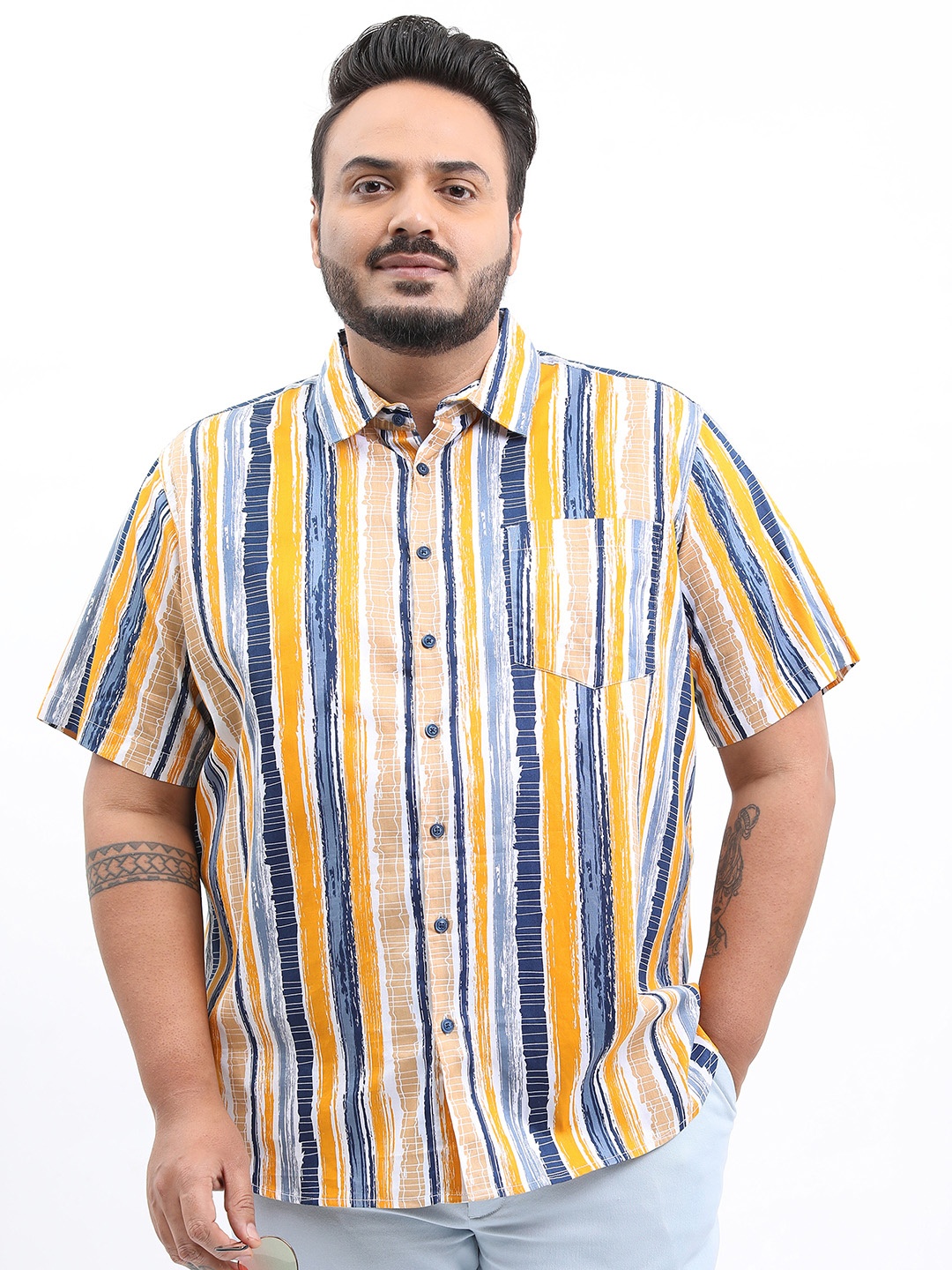 

HIGHLANDER Men Plus Size Slim Fit Multi Stripes Casual Cotton Shirt, Navy blue