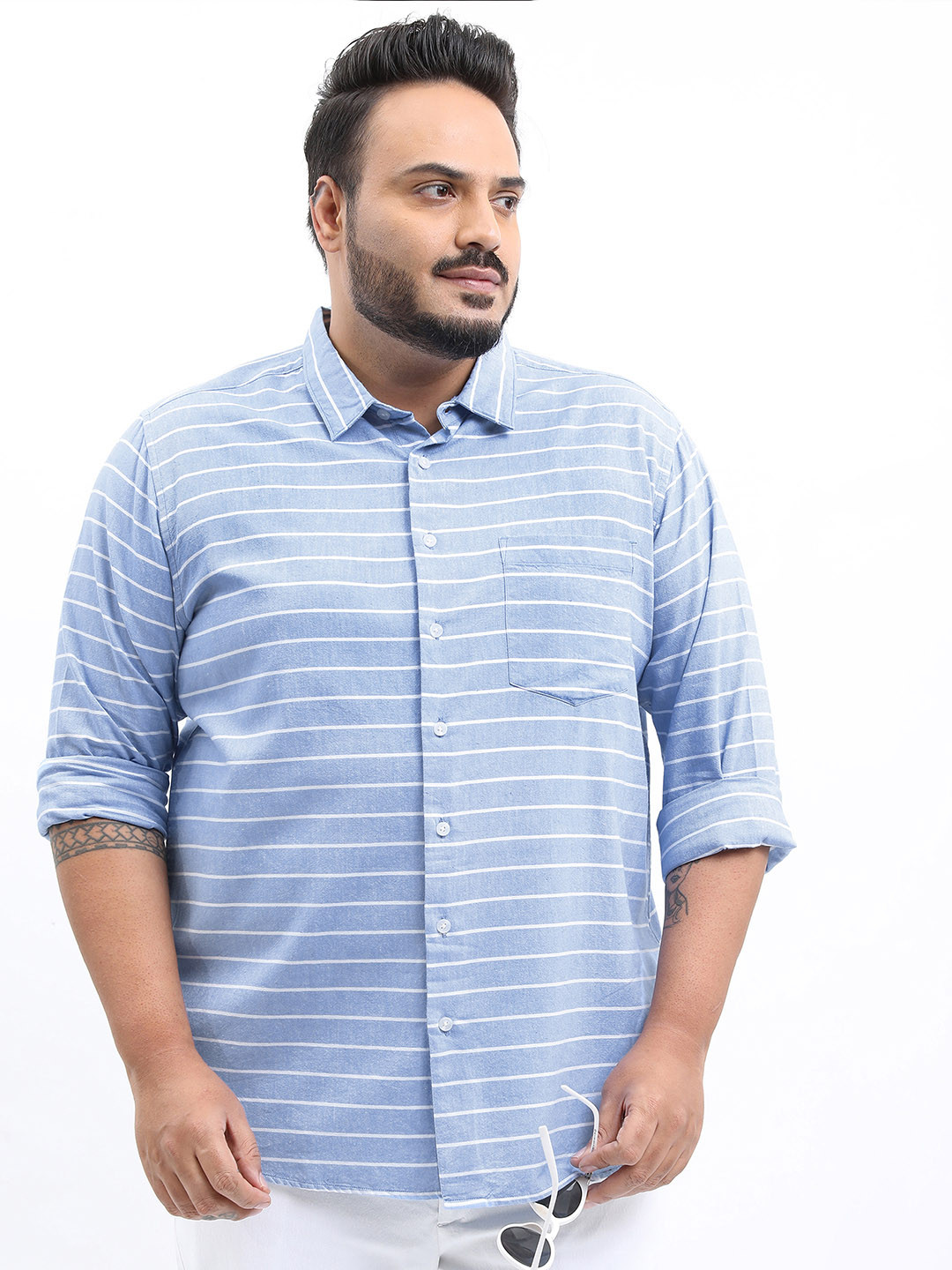 

HIGHLANDER Men Plus Size Horizontal Stripes Casual Cotton Shirt, Blue