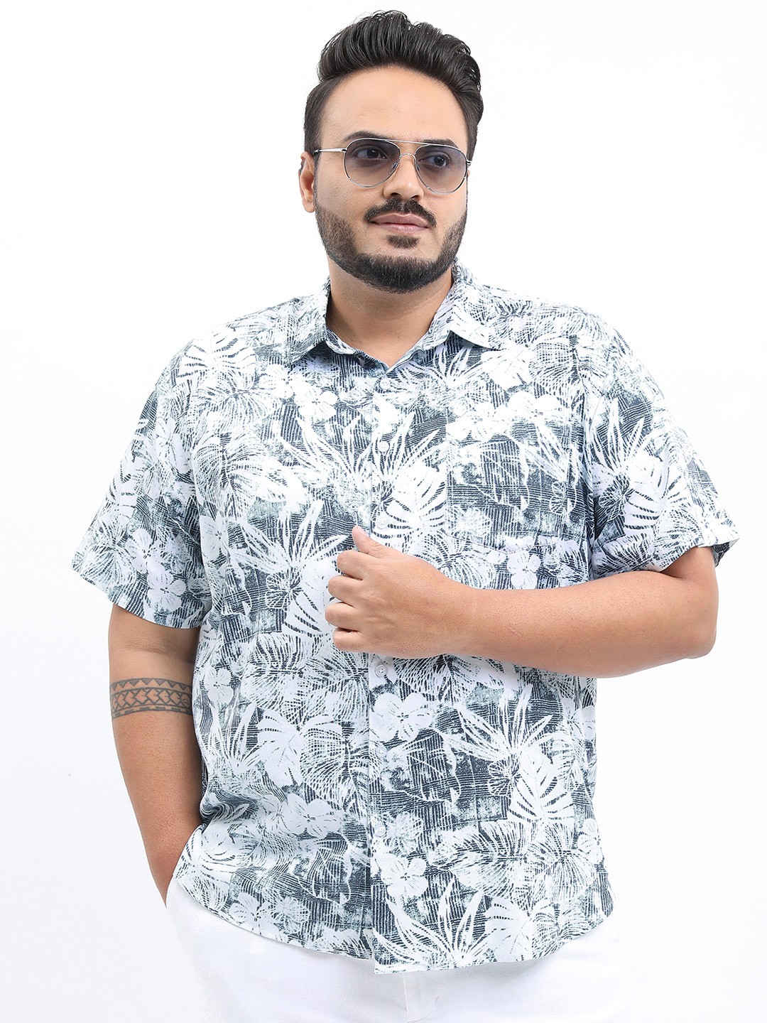 

HIGHLANDER Men plus size Floral Printed Casual Cotton Shirt, White