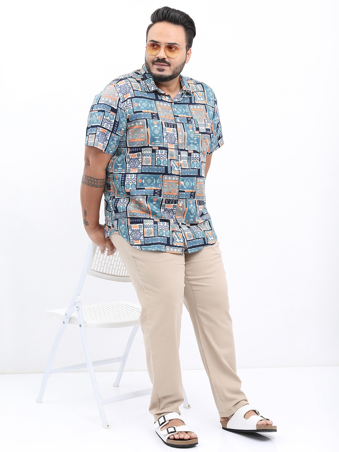 HIGHLANDER Men Plus Size Printed Casual Cotton Shirt, Blue