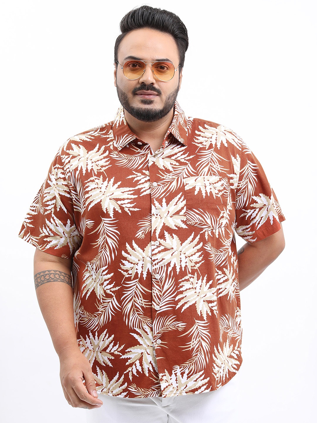 

HIGHLANDER Men Plus Size Pinstripes Printed Casual Cotton Shirt, Rust